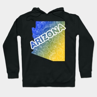 Colorful mandala art map Arizona with text in blue and yellow Hoodie